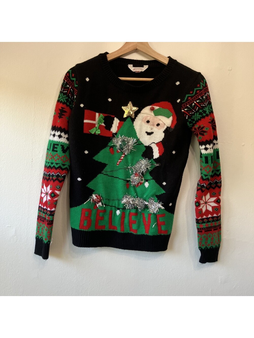 Ugly Christmas Sweater 3D Santa Believe Fair Isle Medium AS IS FLAW